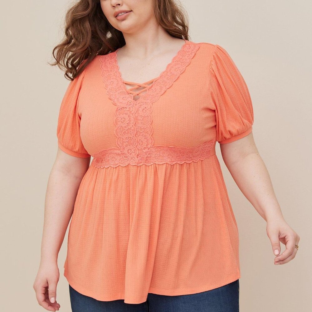Torrid Babydoll Textured Knit Strappy Short Sleeve Top, size 2